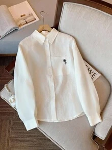 Airaco 女式骑士印花长袖单排扣口袋衬衫和短裤休闲套装 - 白色 - 查看 5