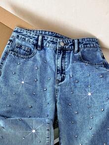 Comfortcana 女式水钻装饰口袋宽腿宽松休闲牛仔裤 - 中等水洗藍 - 查看 6