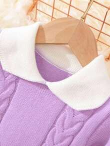 女婴纹理褶皱下摆撞色领长袖针织连衣裙，冬季 - 紫色 - 查看 4