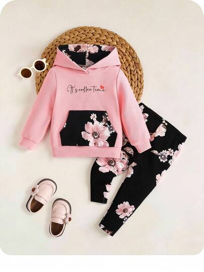 嬰兒女孩休閒時尚可愛針織紋帽衫和彈性腰帶褲子套裝，帶花紋拼接