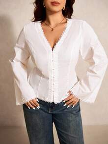 Elaquor Áo cánh tay chuông ren màu tương phản cỡ lớn dành cho nữ, cài nút đơn thanh lịch - trắng - Xem 4