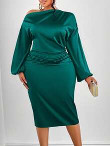 SOLERSUN Christmas Women's Fashion Solid Color Asymmetric Neckline Ruched Side Satin Bodycon Dress Maxi Women Outfit - Dark Green - View 5