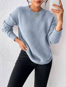 EMERY ROSE Women's Solid Color Crew Neck Long Sleeve Pullover Sweater, Versatile & Casual - Dusty Blue - View 5