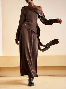 Zivah Elegant Autumn Shades Of Brown Ruffle Asymmetrical Shoulder Long Sleeve Top And Long Skirt 2-Piece Set,Women's Thanksgiving Dining Party Outfit - Brown - View 7