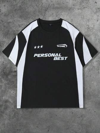 Street Life Herren Lässige Mode Street Sporty Buchstaben & Stern Muster Farbblock Loose Fit Kurzarm T-Shirt, Sommer