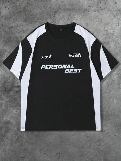 ROMWE MEN Prep Camiseta de manga corta de ajuste holgado con estampado de letras y estrellas en bloques de color, estilo deportivo casual de moda urbana para hombre, verano