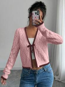 Selianne French Casual Versatile Diamond Textured Long Sleeve Pullover Cardigans For Women - Pink - View 7