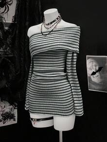 EgrlEra Women's Fashionable Black And Gray Striped Long Sleeve Dress