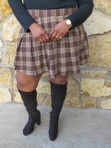 Truni Awkwardfatgirl Plus Size Vintage Plaid Pleated A-Line Skirt, For Pear Triangle Body Shape