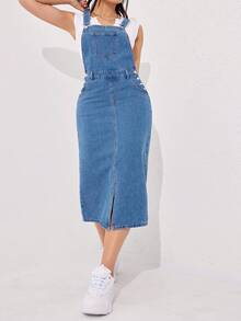 Flexra 大码女式休闲时尚街头开衩下摆宽松牛仔连衣裙 - 藍色 - 查看 5