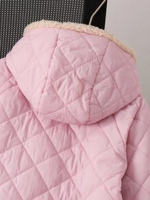 年轻女孩休闲羊羔绒衬里钻石图案粉色连帽及膝棉服外套 - 淺粉色 - 查看 5