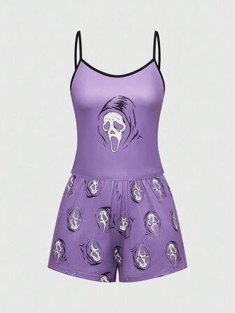 Goth Conjunto de pijama casual de top de tirantes y pantalones cortos con estampado gótico de contraste de color para mujer