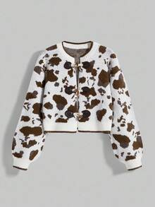 ROMWE Avant 女式休闲牛纹提花针织开衫，带牛角纽扣，秋冬 - 彩色 - 查看 1