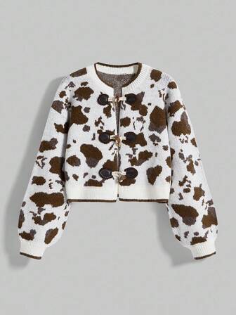 ROMWE Avant Women's Casual Cow Print Jacquard Knit Cardigan With Horn Buttons, Autumn/Winter