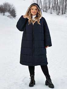 SHEIN CURVE+ Dame's Autumn And Winter Coat - Navy Blue - View 7