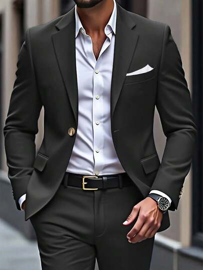 Manfinity Mode Herren Anzug Set in Große Größen, einfarbige Jacke mit Einzelreiher und Langarm sowie passende Anzughose, Business Anzug Set