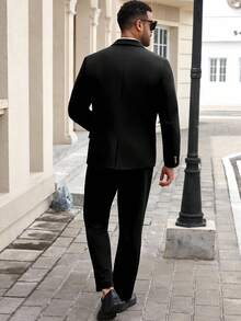 Manfinity Mode Plus Size Men's Lapel NeckLong Sleeve Single-Breasted Jacket And Pants Business Suit Set - Black - View 2