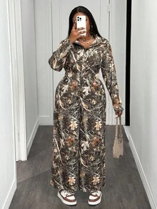 Slaydiva 2025 Autumn/Winter New Women's Casual Street Style Music Festival Easter Birthday Party Daily Wear Versatile Plus Size Graphic Print Resin Flower Decor Zipper Jumpsuit With Pockets, Long Sleeve, Waist Cinched, Plus Size - Multicolor - View 5
