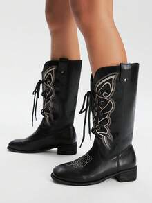 Styleloop Bốt cao đến đầu gối, mũi tròn, da lộn màu đen, khóa kéo bên hông, đa năng, phù hợp đi làm hàng ngày - màu đen - Xem 2