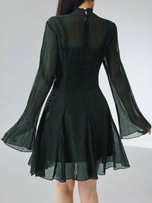 Heiryn Women's Solid Color Stand Collar Flare Sleeve Mesh Fashion Mini Dress - Dark Green - View 2