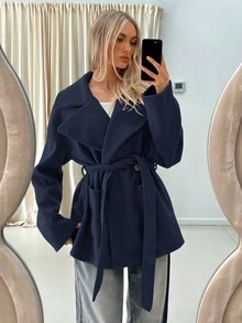 Aloruh 女士厚款翻领口袋宽松大衣，藏蓝色，适合秋冬季穿着 - 藏蓝色 - 查看 4