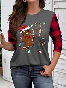 EMERY ROSE Blusa de manga larga con cuello redondo, talla grande, estampado de galletas y cuadros en patchwork, de estilo casual para mujer - Multicolor - Ver 3