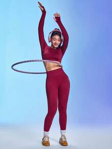 SHEIN Dewbera Women's Seamless Solid Color High Waist Tummy Control Letter Print Leggings Burgundy Leggings Spandex Leggings Yoga Pants - Burgundy - View 5
