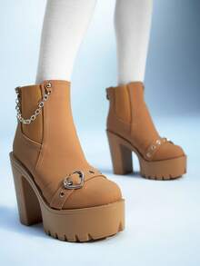 Sugerpunk 女式哥特式金属链扣圆头粗跟厚底朋克靴，PU 皮革棕色高跟靴，适合派对、日常穿着、晚礼服，增高修腿 - 駝色 - 查看 4