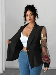 Elenzga 加大码刺绣透明网眼拼接夹克，腰部收紧，简约优雅的设计，适合日常穿着，适合多种场合 - 黑色 - 查看 8