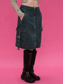 COUREZ Zip Front Indigo Rinse Low Waist Midi Denim Cargo Skirt /Y2K Going Out Outfits Fall Women Clothes Fall Clothes Holiday Cute Winter Clothes For Women