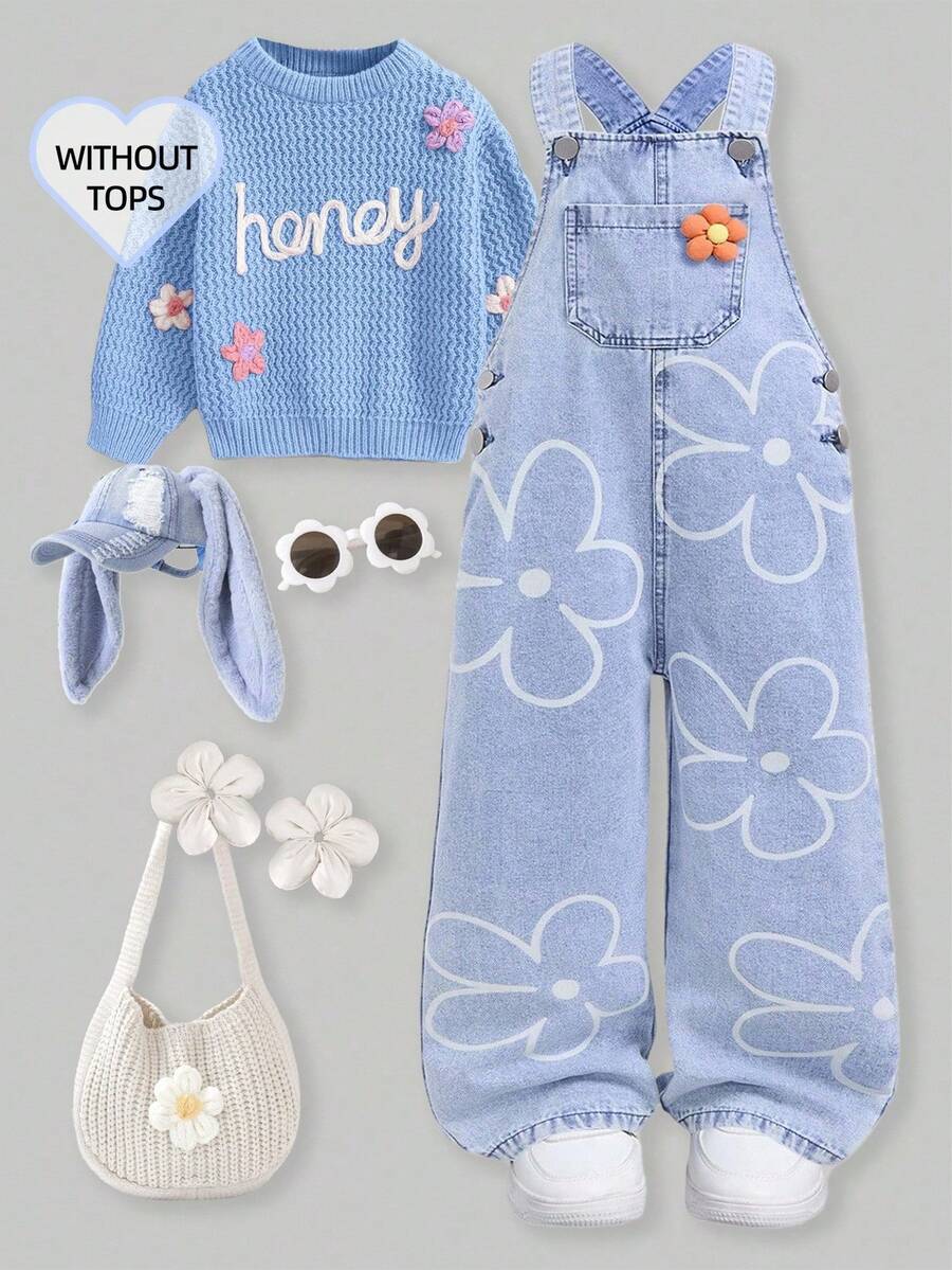 SHEIN ChillGRL Young Girl Floral Print Pocket Wide-Leg Casual Denim Bib Pants,Holiday,Summer,Travel - Baby Blue - View 1