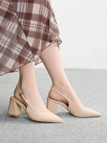 CUCCOO BIZCHIC Women's Fashion Burgundy Open Back Pointed Toe Chunky Heels Pumps, Classic Minimalist Design For Commute, Date, Party, Holiday, Wedding - Apricot - View 5