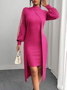 SHEIN Clasi Đầm Maxi Tay Dài Cổ Tròn Phối Lưới Trang Trí Bong Bóng Thanh Lịch Cho Nữ - Màu Hồng Tươi - Xem 5