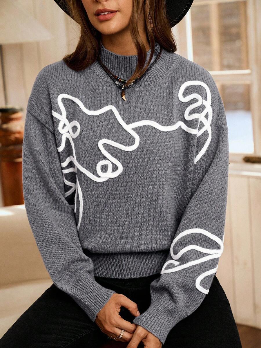 LanaWest 女式撞色图案高领长袖毛衣 - 灰色 - 查看 1