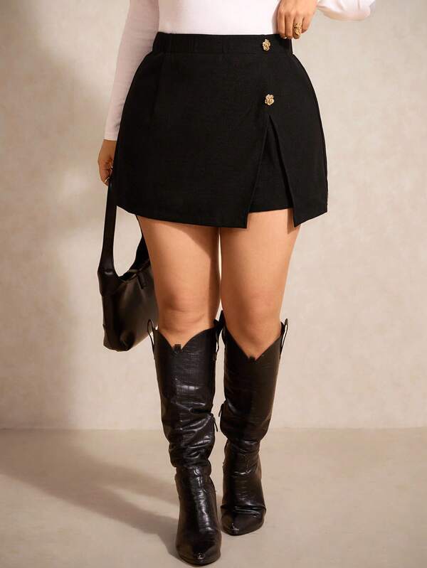 Elaquor Falda-pantalón de talla grande con decoración de flor de metal y abertura lateral para mujer