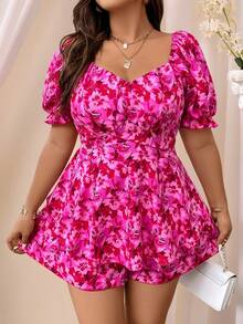 SHEIN Unity Plus Allover Floral Print Puff Sleeve Romper, Summer - Hot Pink - View 1