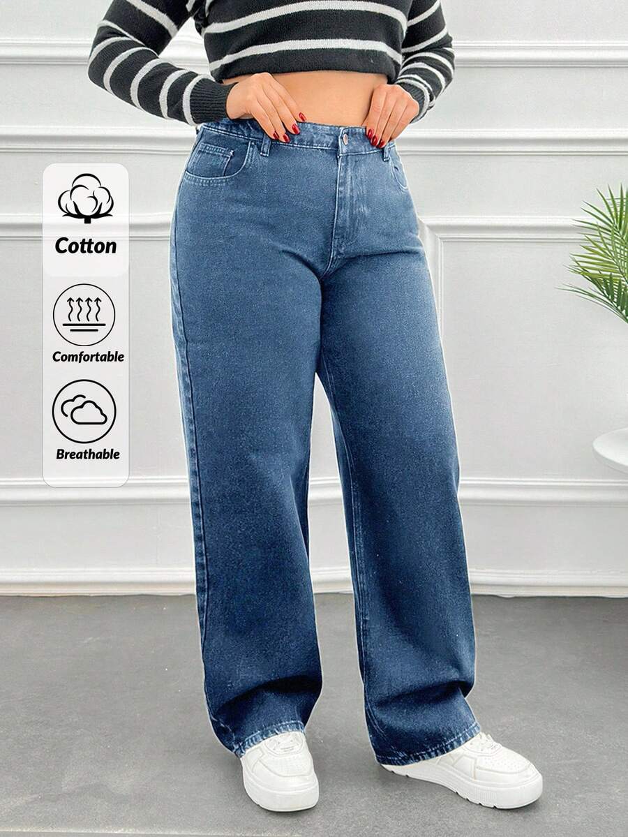SHEIN Cottnline High Waist Straight Leg Plus Size Loose Fit Jeans - Light Wash - View 1