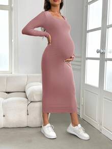 SHEIN Vestido de maternidad de manga larga y ajustado, color verde, adecuado para baby shower, otoño/invierno