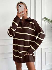 EURMUSE Casual Loose Half-Zip Long Sleeve Women Sweaters - Brown - View 5