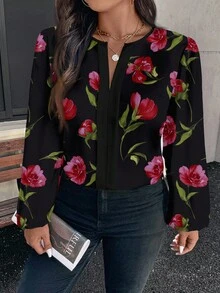 SHEIN Clasi Camisa de manga larga con estampado floral elegante y casual, adecuada para atuendos de primavera y otoño de talla grande