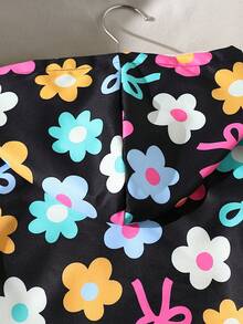 Girl's Casual All-Match Hooded Jacket In Dark Blue With Lovely Hand-Painted Colorful Flower Pattern, Zipper Front, Suitable For Home, Daily Wear, Fall And Winter, Windproof And Rainproof, Ideal For Ou