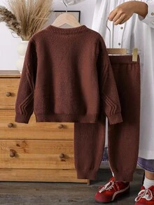 SHEIN Vintaside Kids 2pcs Young BoyBrown Chunky Knit Sweater Set, Autumn/Winter, Trapezoid Textured Pullover & Casual Elastic Waist Pants