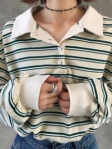 FRIFUL Women's Casual Loose Striped Drop Shoulder Long Sleeve T-Shirt, Autumn Preppy Tops Striped Shirt Collared Shirt Striped Long Sleeve Striped Blouse