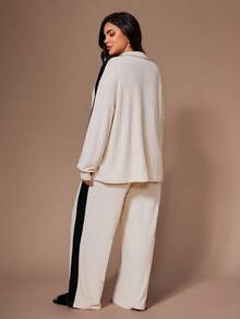 Lazeform 大码撞色拉链领长袖上衣和阔腿裤女士休闲家居服套装，舒适家居服套装，女士睡衣套装，女士慢跑裤套装，舒适套装，女士睡衣套装，秋冬服装 - 杏色 - 查看 2