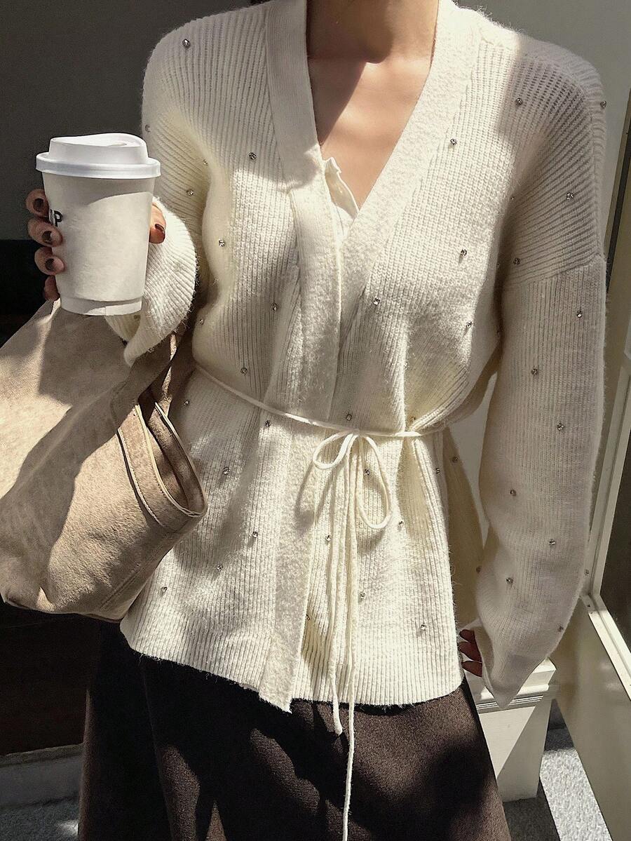 DAZY 宽松休闲商务针织开衫，带水钻亮片，抽绳腰带，适合居家、通勤、郊游、新年、圣诞节、秋冬 - 米色 - 查看 1