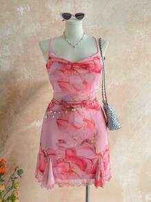 Soleia Plus Size Women Vacation Spaghetti Strap Mini Dress, Draped Neck, Backless, Bowknot , Fishtail, Sexy Style, Mini Dress, Tea Break, Shopping, Romantic, Date, Beach Outfit, Mesh, Young, Girlish - Pink - View 1