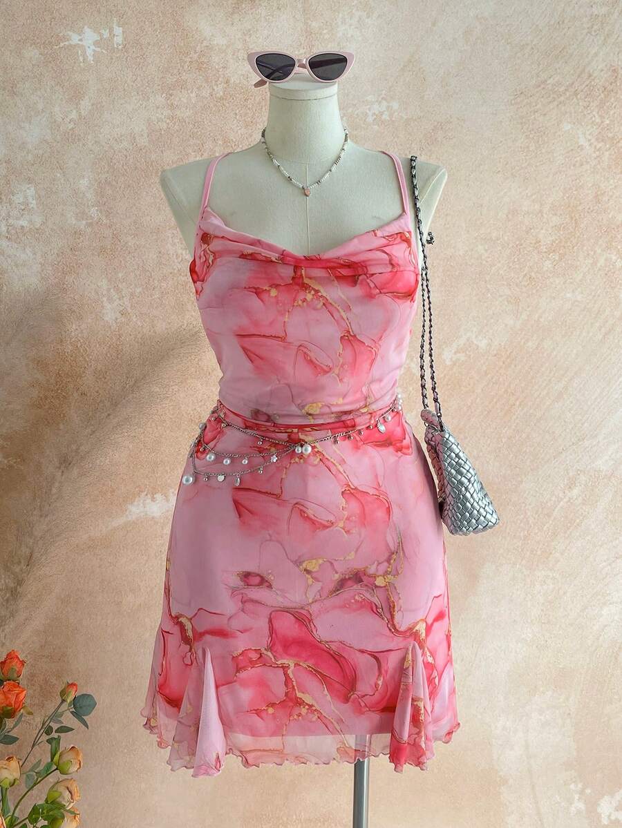 Soleia Plus Size Women Vacation Spaghetti Strap Mini Dress, Draped Neck, Backless, Bowknot , Fishtail, Sexy Style, Mini Dress, Tea Break, Shopping, Romantic, Date, Beach Outfit, Mesh, Young, Girlish - Pink - View 1