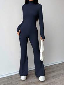 FavEase Bộ đồ liền thân xòe ôm sát cổ cao màu đen - Màu xanh hải quân - Xem 5