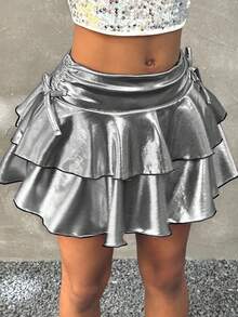 Coolane 少女粉色和紫色闪亮抽绳腰部褶边及膝半身裙，休闲街头风格 - 灰色 - 查看 3