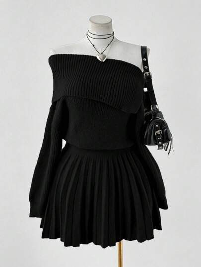 Sunspun Autumn/Winter Fashion Asymmetric Off-Shoulder Solid Color Waist Pleated Dress